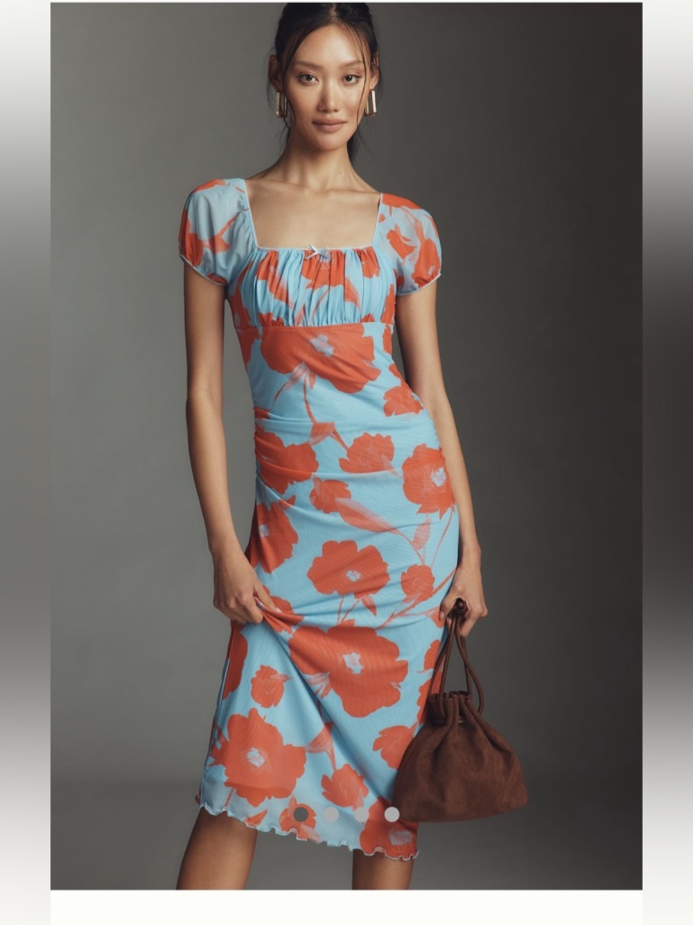 Maeve Puff-Sleeve Square-Neck Mesh Midi Dress